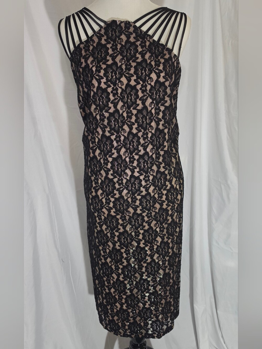 Scarlett Black Lace Midi Dress with Nude Underlay and Strappy Shoulders